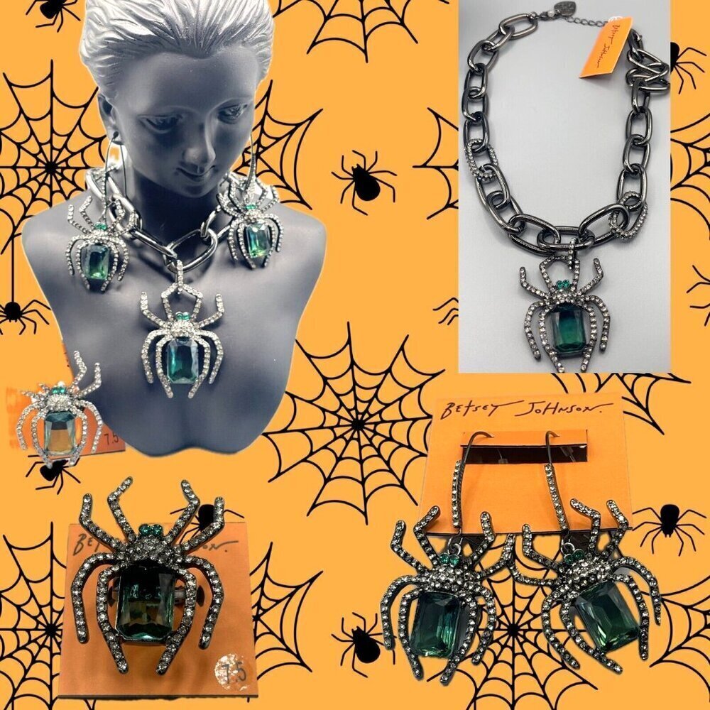Betsey Johnson Gunmetal Green Spider Pave Detail Pendant Chain Necklace Set-3 Pc